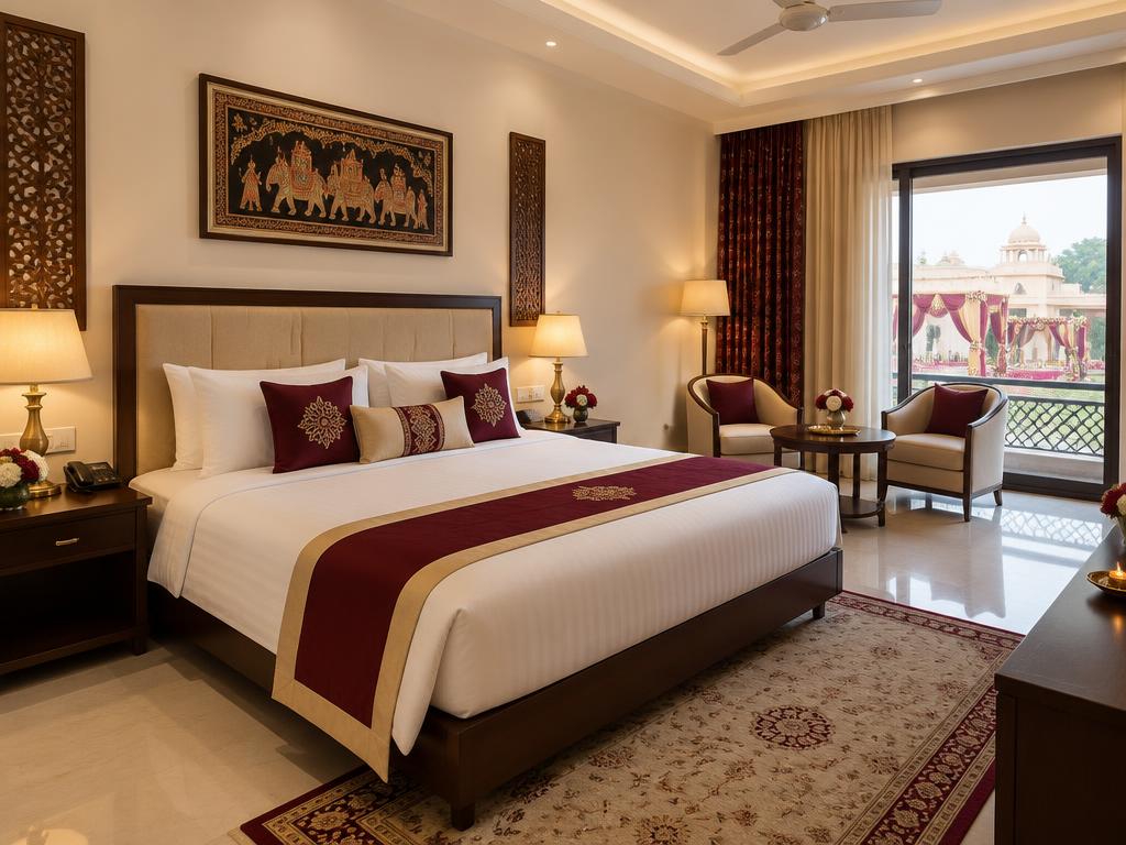 Comfortable guest room with maroon accents