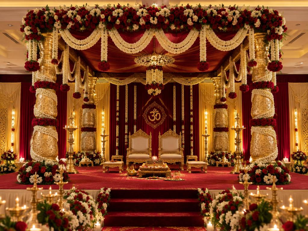Wedding stage mandap with flowers at KPA Palace